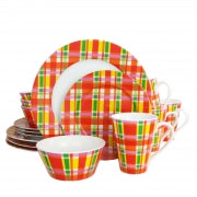 Oui by French Bull Multicolor Plaid 16 Piece Round Porcelain Dinnerware Set - Home Traders Sources