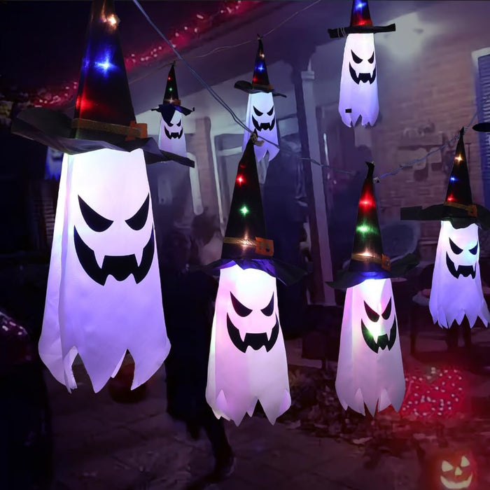 Outdoor Halloween Decor,Hanging Outdoor String Lights Glowing Ghost Witch Hat,5 Pcs