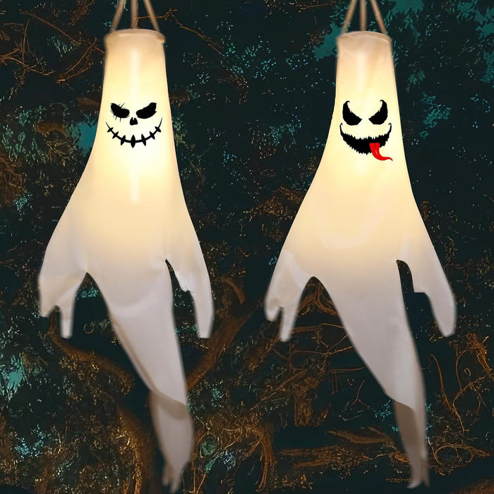 2 Pcs Halloween Ghost Decorations: Scary Hanging Ghosts with Timer and LED Lights,