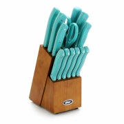 Oster Evansville 14 Piece Stainless Steel Blade Cutlery Set with Turquoise Plastic Handles - Home Traders Sources