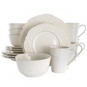 Elama Luna 16 Piece Embossed Scalloped Stoneware Dinnerware Set in White - Home Traders Sources