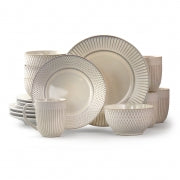 Elama Market Finds 16 Piece Round Stoneware Dinnerware Set in Embossed White - Home Traders Sources