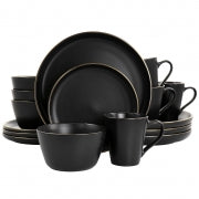 Elama Paul 16 Piece Stoneware Dinnerware Set in Matte Black with Gold Rim - Home Traders Sources