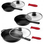 MegaChef Pre-Seasoned 9 Piece Cast Iron Skillet Set with Lids and Red Silicone Holder - Home Traders Sources
