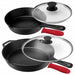 MegaChef Pre-Seasoned 6 Piece Cast Iron Skillet Set with Lids and Red Silicone Holders - Home Traders Sources