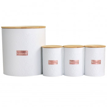 4 Piece Argyle Canister Set in White with Bamboo Lids
