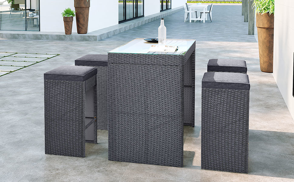 5-piece Rattan Outdoor Patio Furniture Set Bar Dining Table Set with 4 Stools - Home Traders Sources