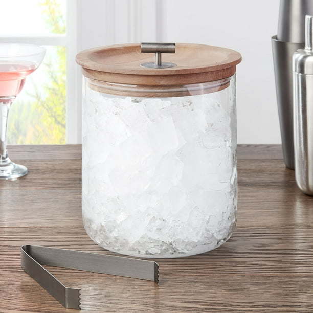 Clear Glass Ice Bucket with Silver Stainless Steel Tongs