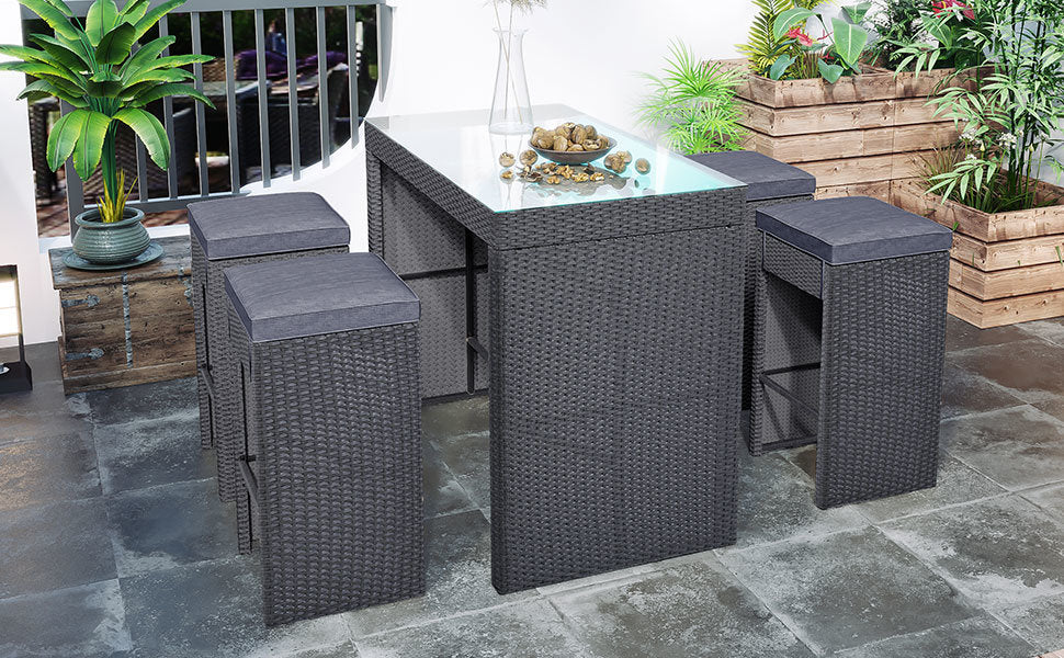 5-piece Rattan Outdoor Patio Furniture Set Bar Dining Table Set with 4 Stools - Home Traders Sources