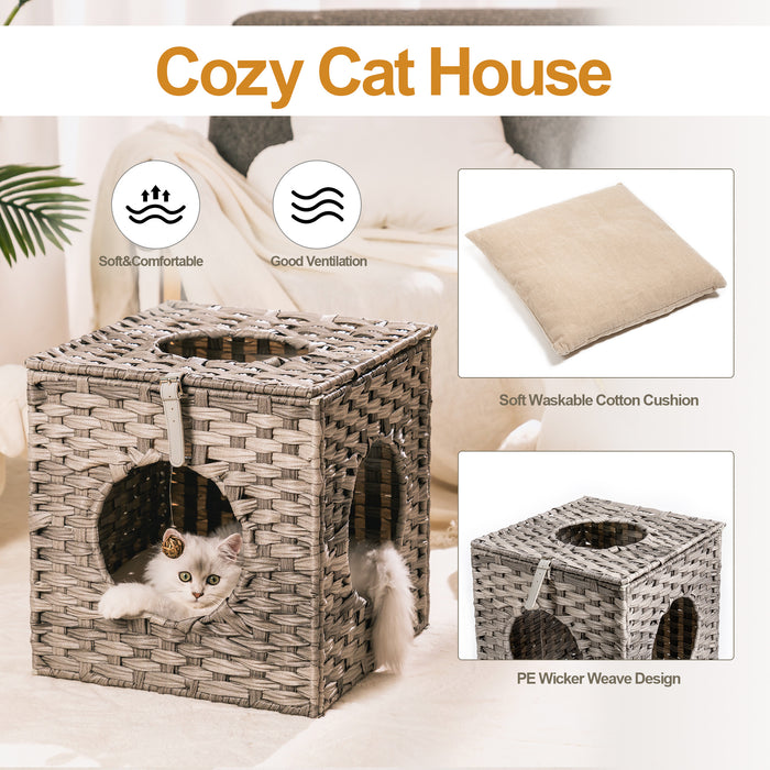 Rattan Cat Litter; Cat Bed with Rattan Ball and Cushion; Grey - Home Traders Sources