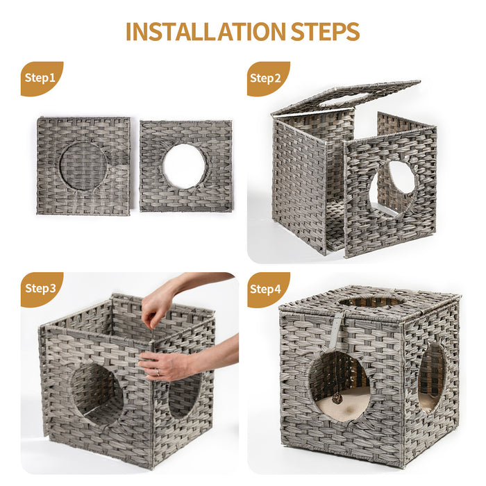 Rattan Cat Litter; Cat Bed with Rattan Ball and Cushion; Grey - Home Traders Sources