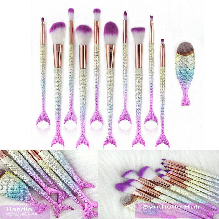 11Pcs Mermaid Makeup Brushes Eyebrow Shadow Face Slender Tool Pink Set - Home Traders Sources