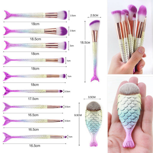 11Pcs Mermaid Makeup Brushes Eyebrow Shadow Face Slender Tool Pink Set - Home Traders Sources