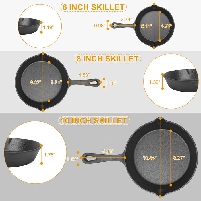 3Pcs Pre-Seasoned Cast Iron Skillet Set 6/8/10in Non-Stick - Home Traders Sources