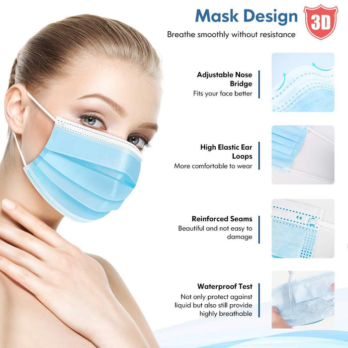 Disposable Face Mask Adult Breathable Mask with Nose Clip Ear Loop 100 Pack Blue - Home Traders Sources