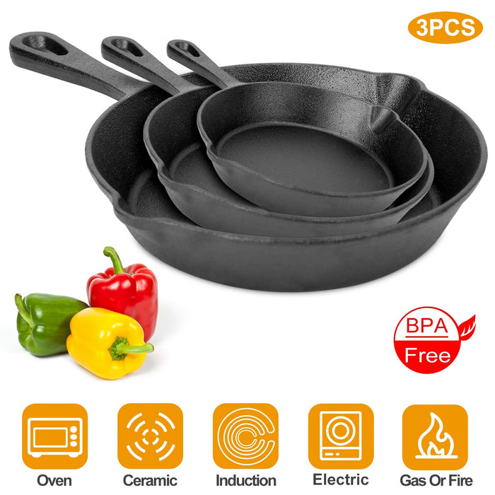 3Pcs Pre-Seasoned Cast Iron Skillet Set 6/8/10in Non-Stick - Home Traders Sources