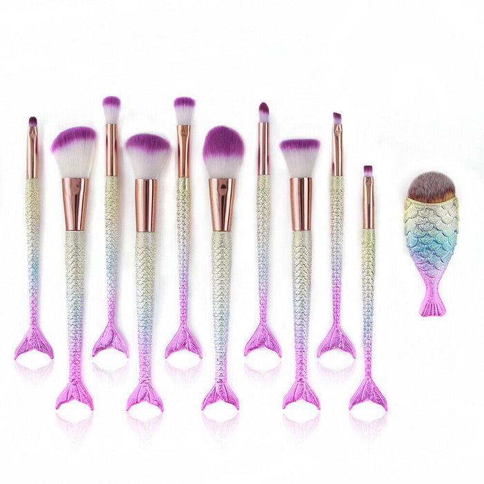 11Pcs Mermaid Makeup Brushes Eyebrow Shadow Face Slender Tool Pink Set - Home Traders Sources