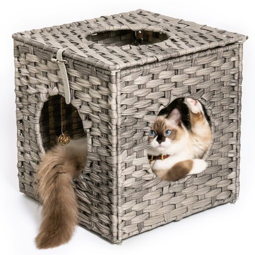 Rattan Cat Litter; Cat Bed with Rattan Ball and Cushion; Grey - Home Traders Sources