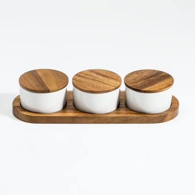 Ceramic Condiment Set on Acacia Wood Base - Home Traders Sources